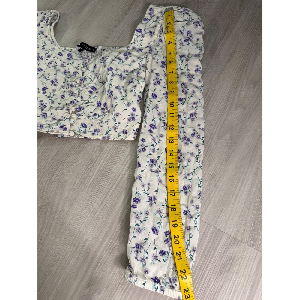 Zara Purple Floral Square Neck Crop Top Long Sleeve Smocked Back XS - Picture 6 of 10
